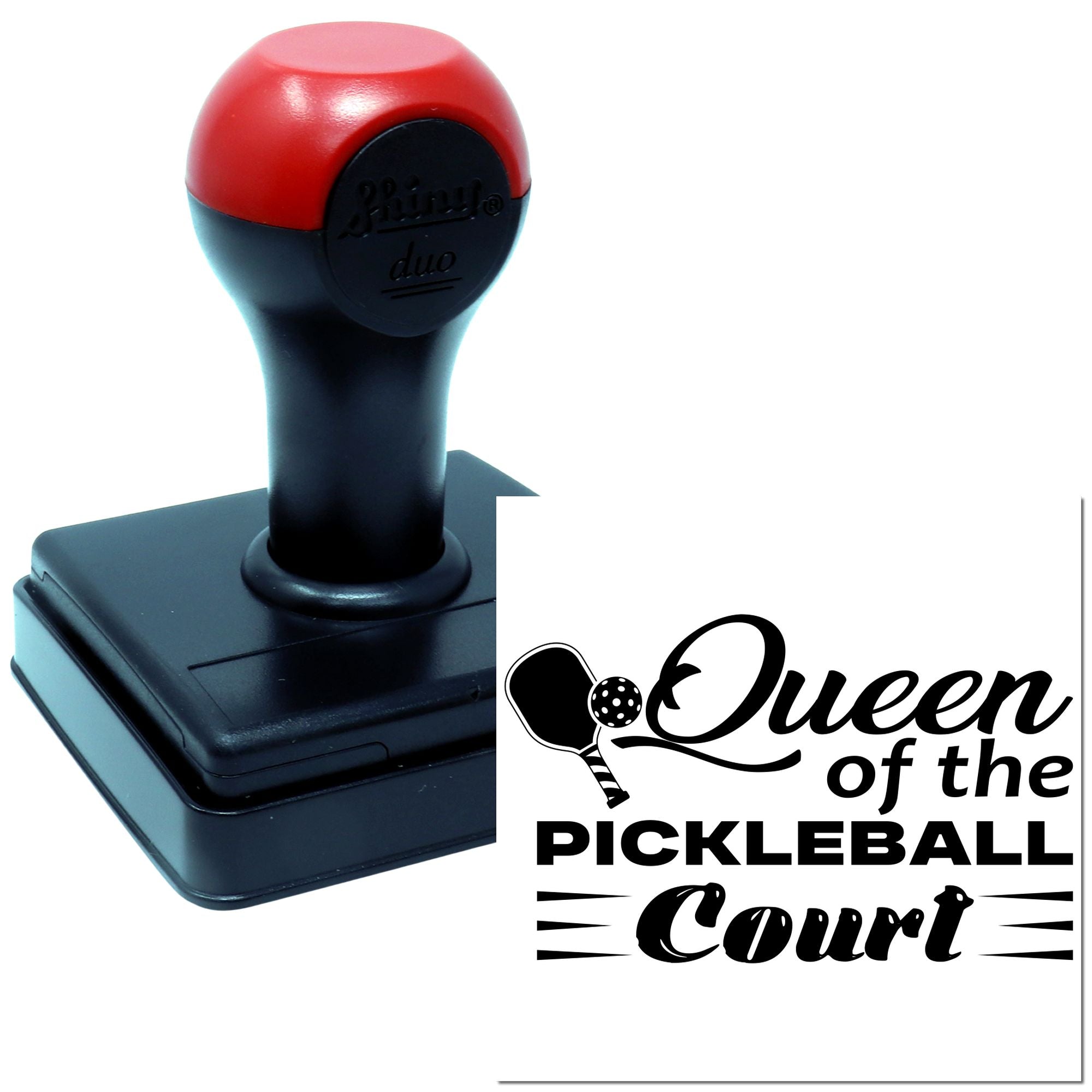 Self-inking rubber stamp featuring Queen of the Pickleball Court design for personalized pickleball gifts.