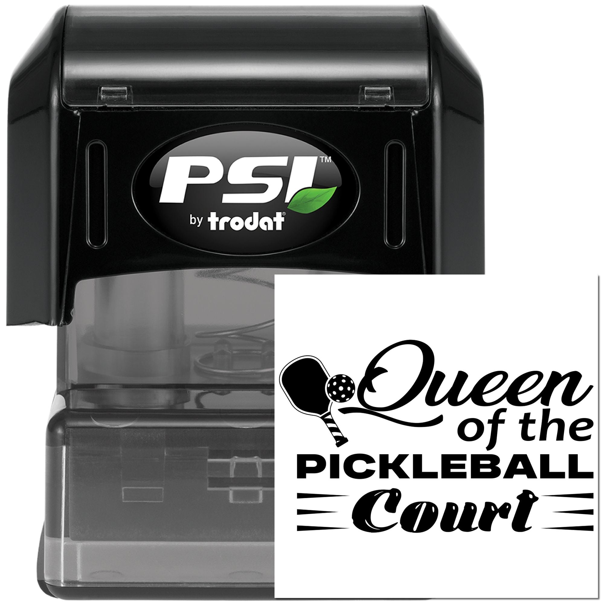 Self-inking rubber stamp by Trodat with Queen of the Pickleball Court custom imprint for personalized gifts.