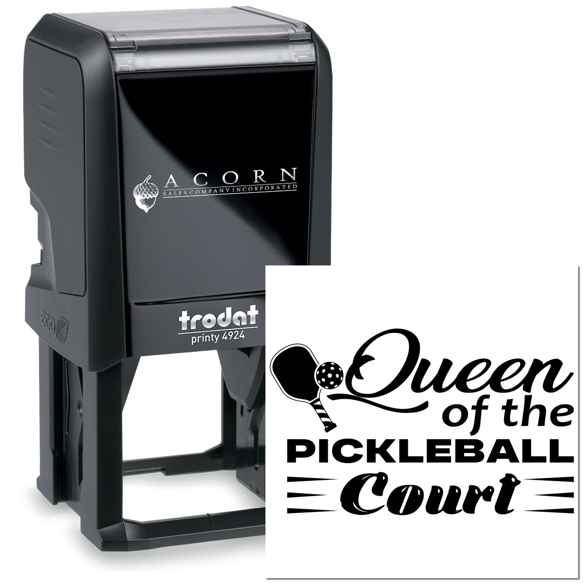 Custom self-inking rubber stamp with Queen of the Pickleball Court design for personalized pickleball branding.
