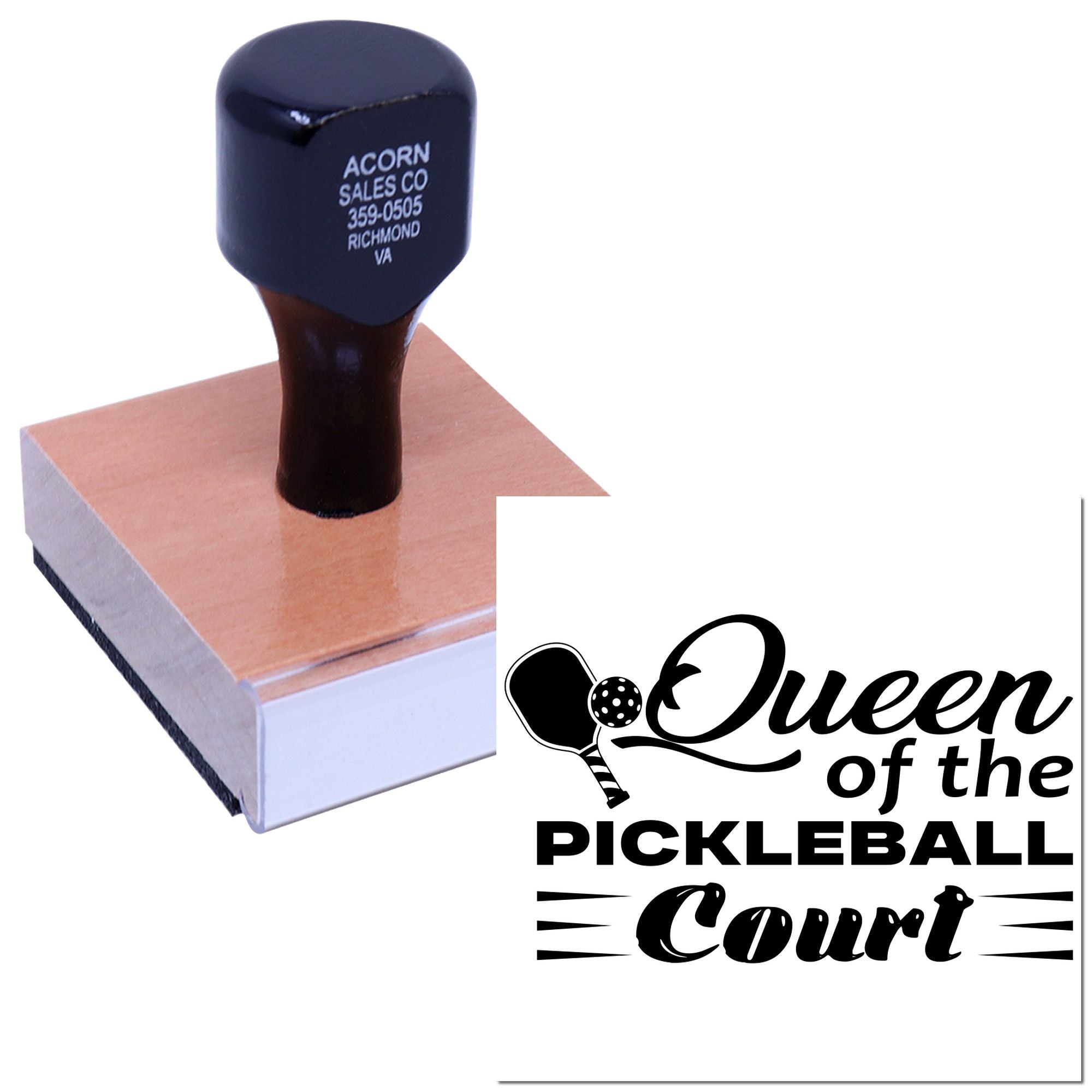 Custom rubber stamp for Queen of the Pickleball Court, ideal for pickleball gifts, clubs, and sports-themed branding.