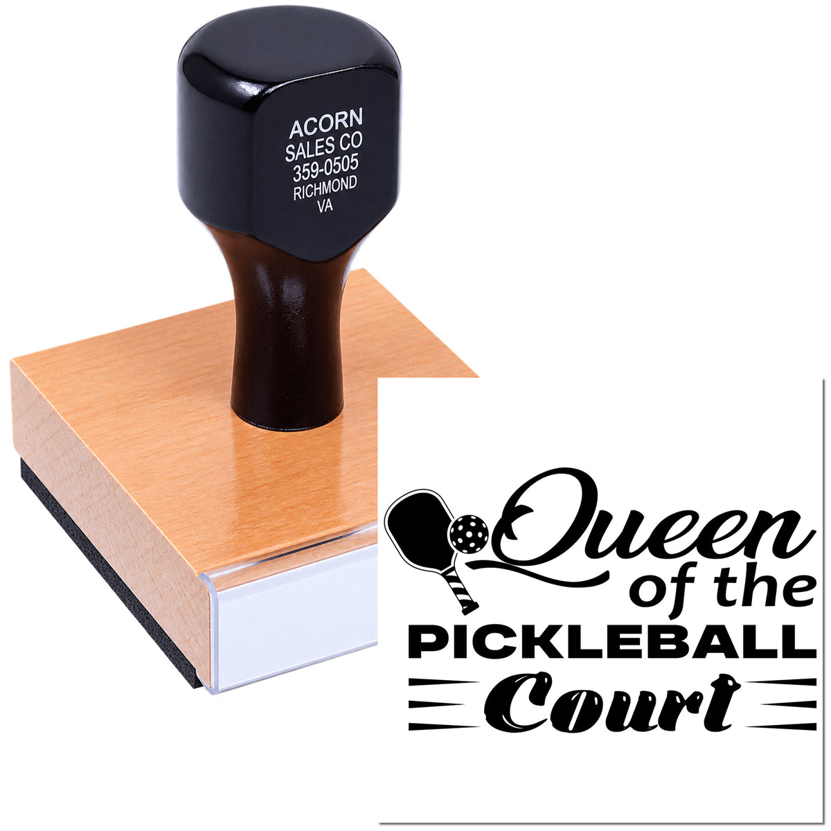 Custom rubber stamp for Queen of the Pickleball Court, ideal for pickleball gifts, clubs, and sports-themed branding.