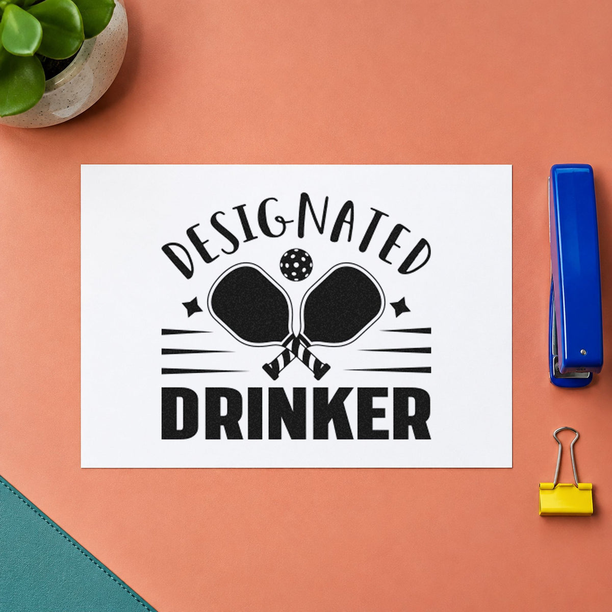 Designated Drinker Pickleball Paddles craft stamp imprint in black ink on a handmade project, one idea being drink tray gift tags.
