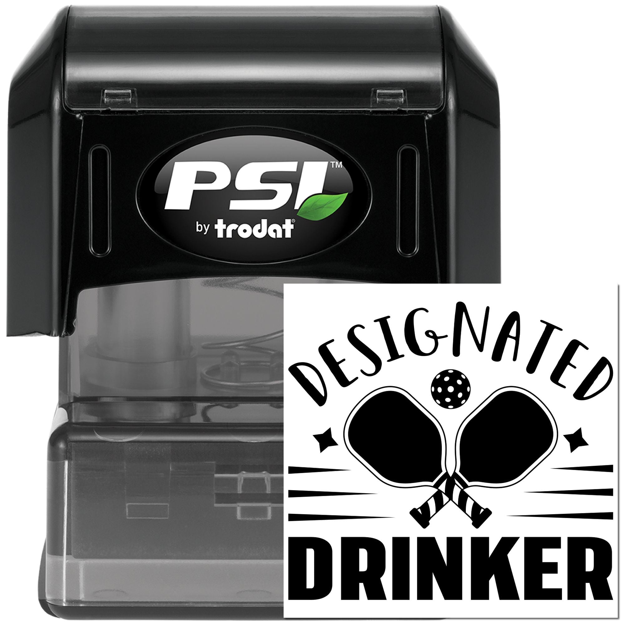 PSI by Trodat self-inking rubber stamp with custom Designated Drinker imprint for party labels and event use