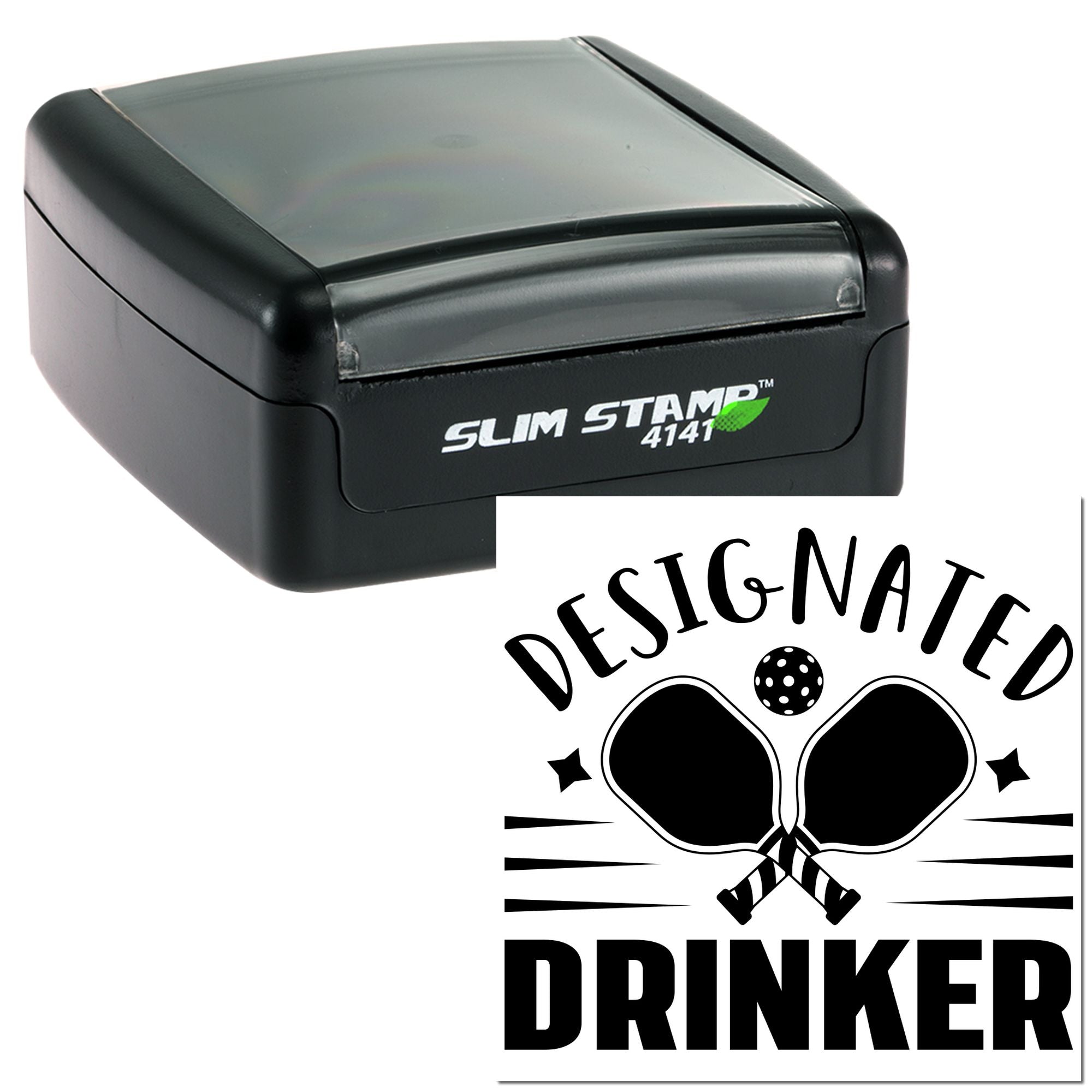 Self-inking Slim Stamp rubber stamp with custom Designated Drinker design for novelty event labeling.