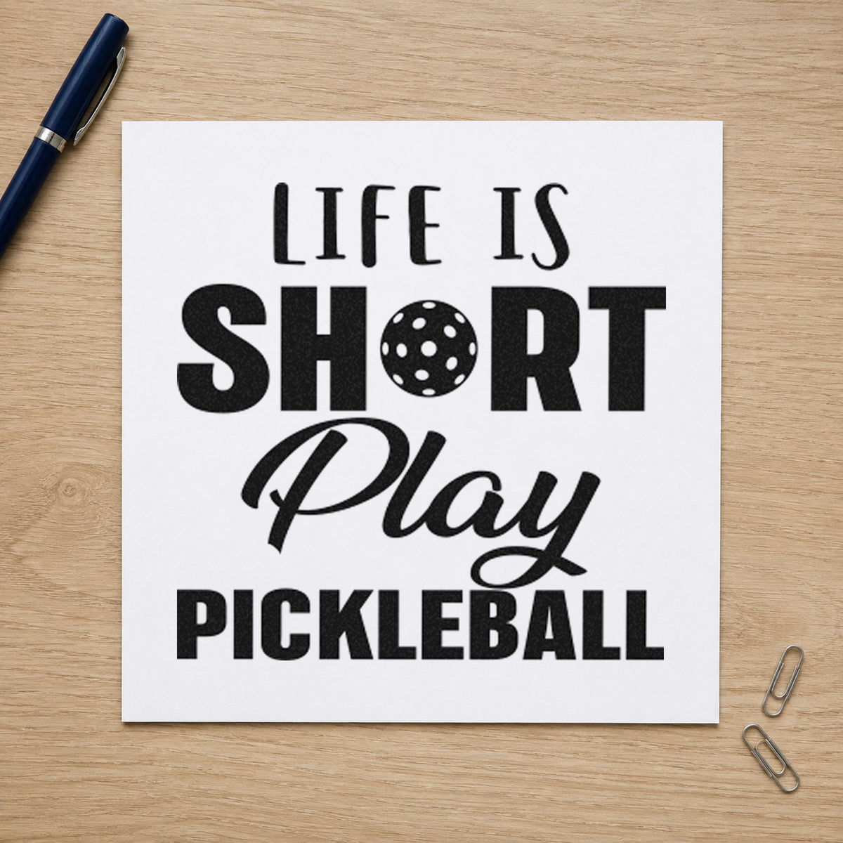 Life Short Play Pickleball craft stamp in black ink on cardstock, an easy option for holiday album page.