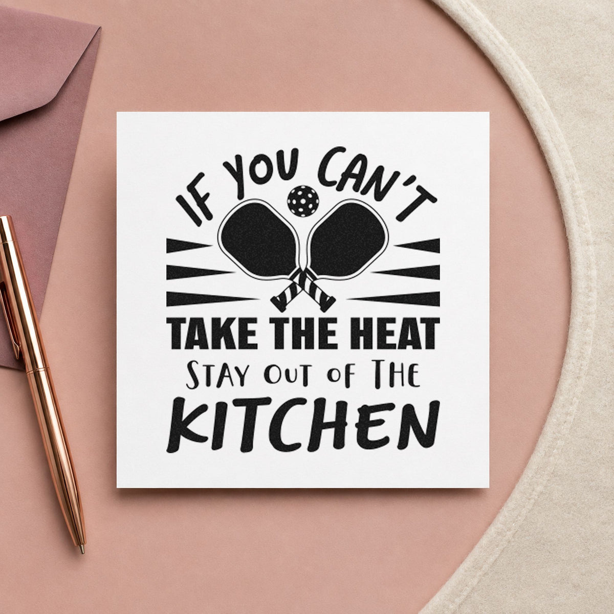 Heat Stay Out Kitchen craft stamp in black ink on cardstock, an easy option for potluck album page.