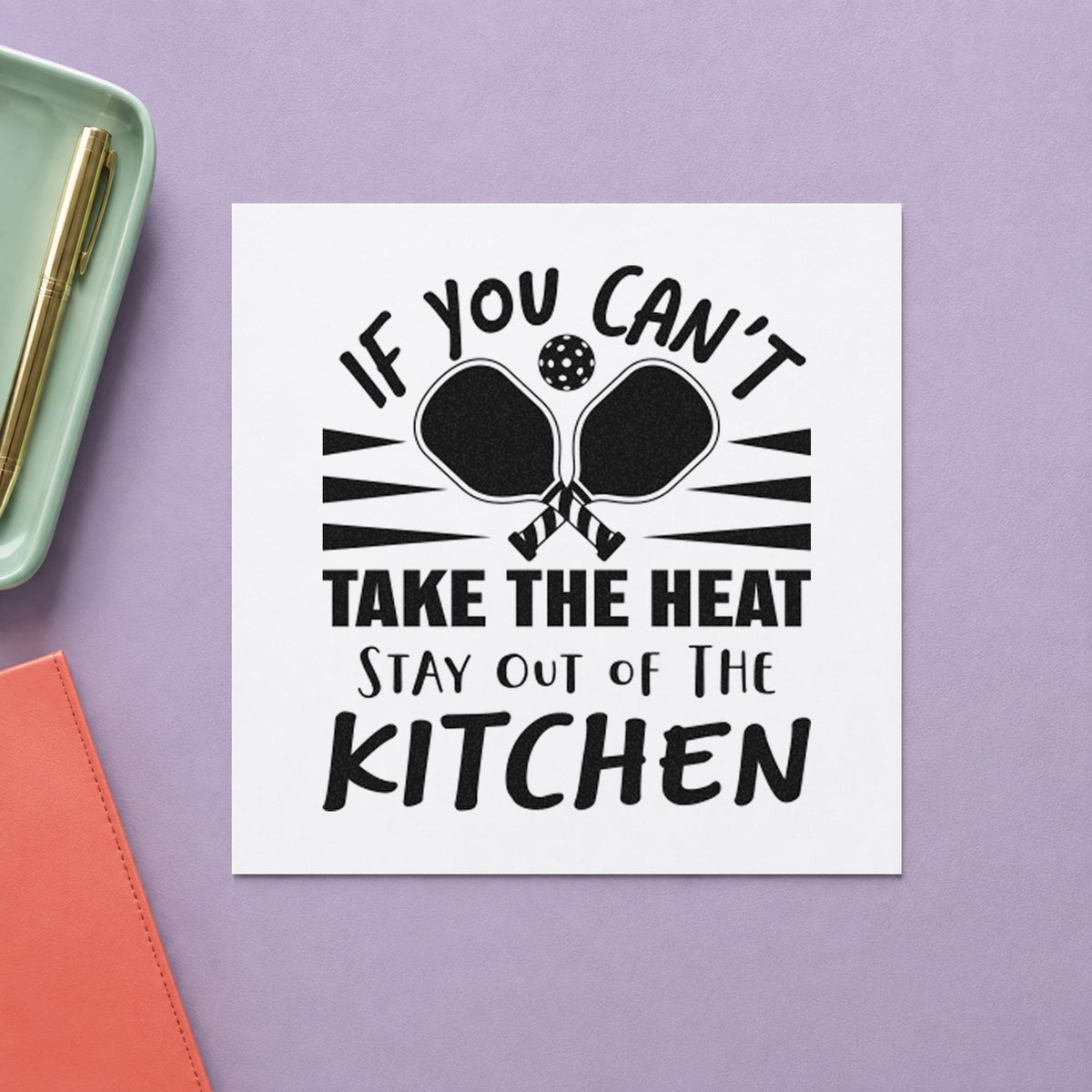 Heat Stay Out Kitchen craft stamp imprint in black ink on a handmade project, one idea being dish share gift tags.