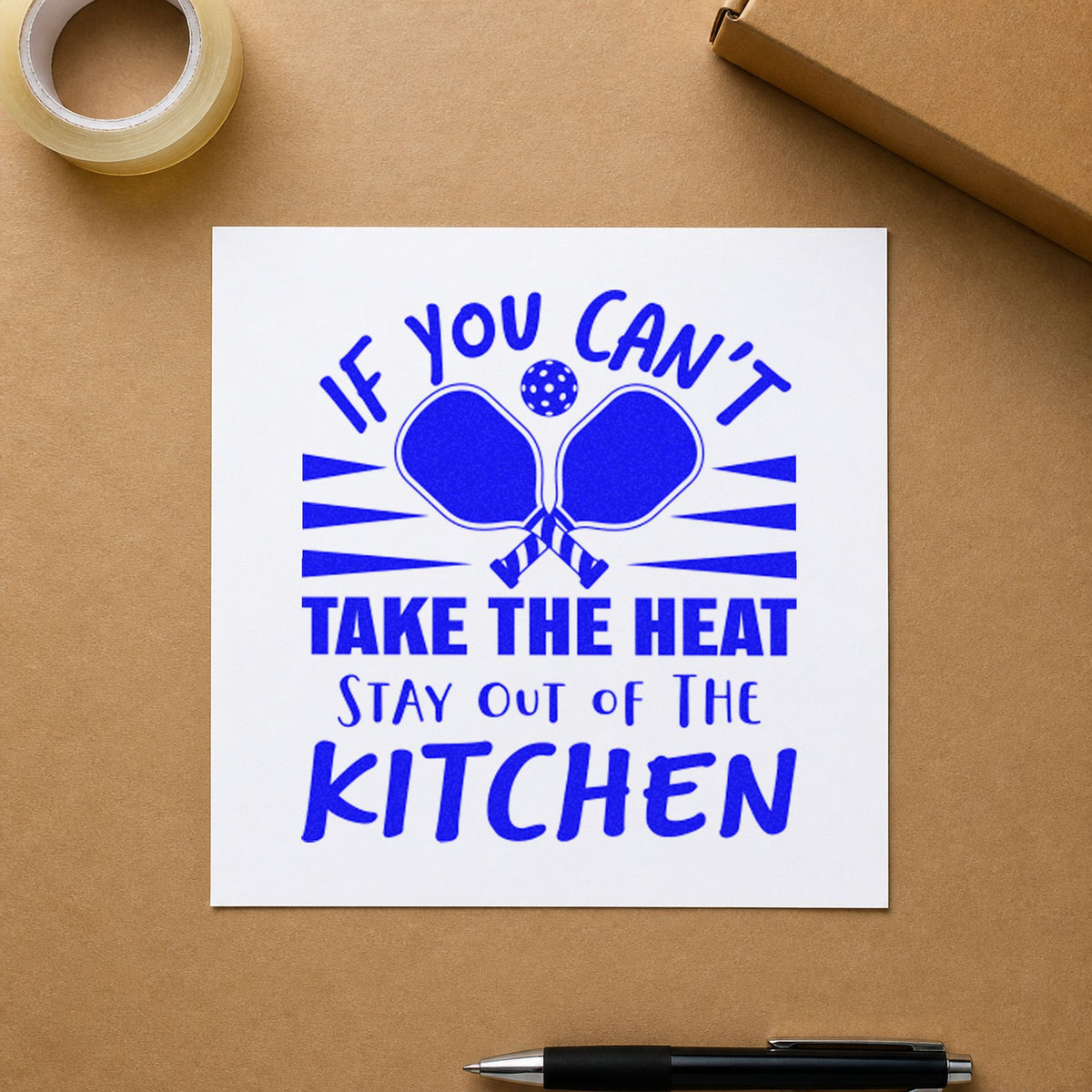 Heat Stay Out Kitchen craft stamp imprinted in blue ink on paper, a design suited to framed club kitchen.