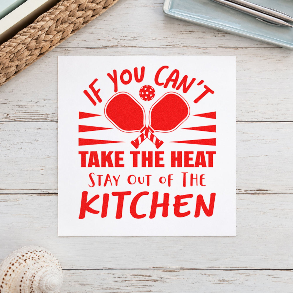Heat Stay Out Kitchen rubber stamp shown in red ink, stamped for projects such as bin serving labels.