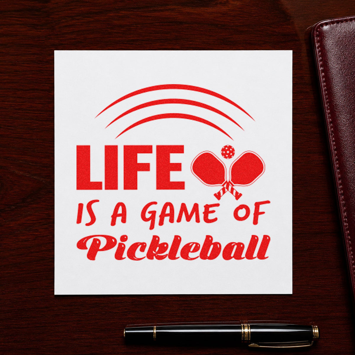 Life Game Of Pickleball craft stamp imprint in red ink on a handmade project, one idea being welcome info cards.