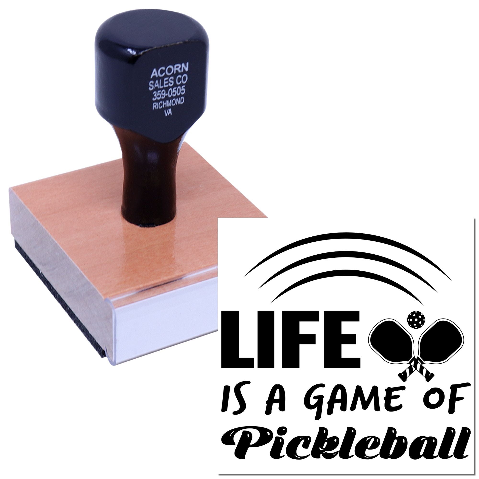 Pickleball rubber stamp design reading Life Is a Game of Pickleball for custom sports crafts and stationery.