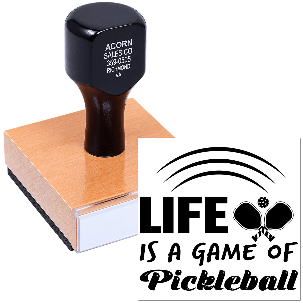Pickleball rubber stamp design reading Life Is a Game of Pickleball for custom sports crafts and stationery.