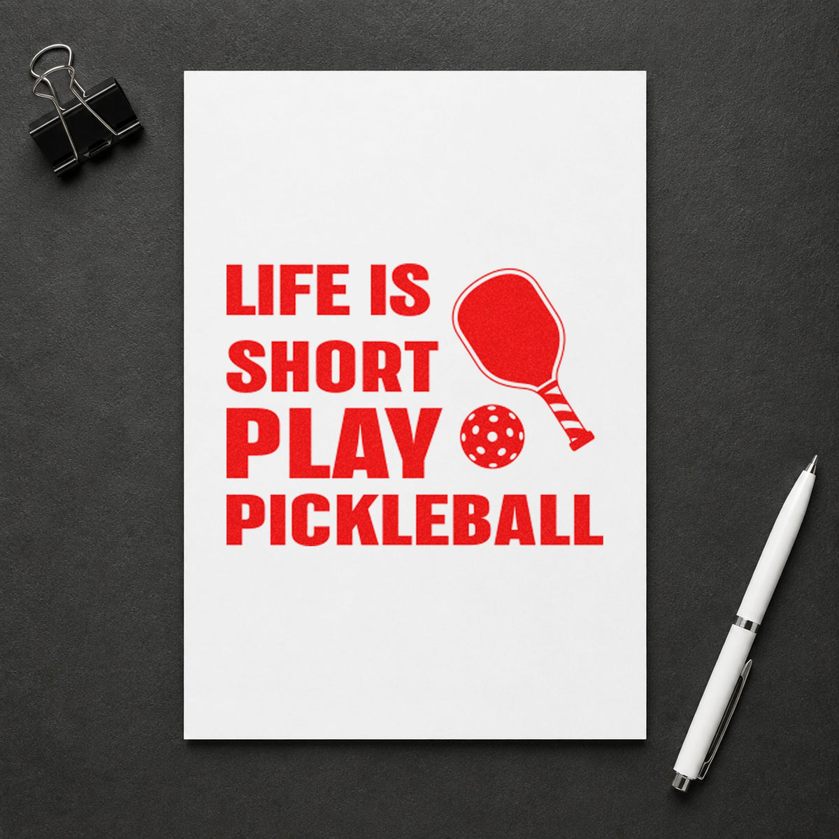 Life Short Play Pickleball craft stamp imprint in red ink on a handmade project, one idea being skill check cards.