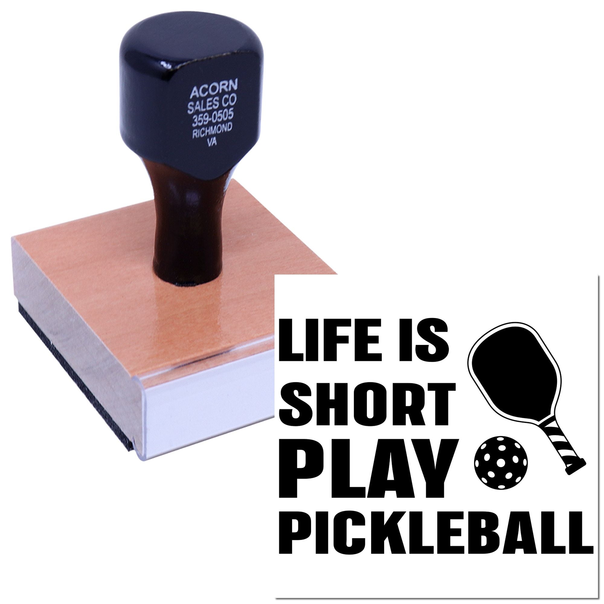 Pickleball rubber stamp with Life Is Short Play Pickleball design for custom crafting, promotions, and event stationery.