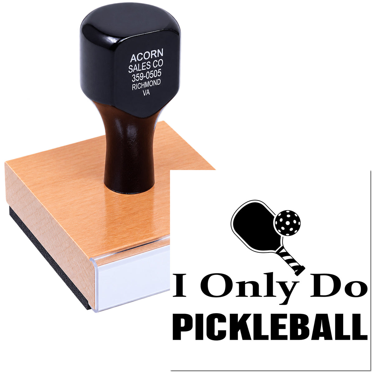Custom pickleball rubber stamp with paddle logo and I Only Do Pickleball text for sports clubs and merchandise.