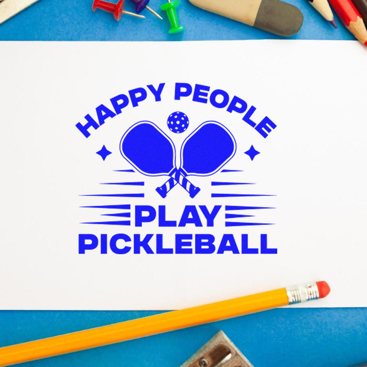 Happy People Play Pickleball rubber stamp shown in blue ink, stamped for projects such as mixer album page.