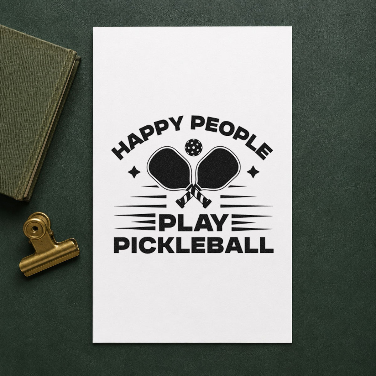 Happy People Play Pickleball craft stamp imprint in black ink on a handmade project, one idea being name tag gift tags.