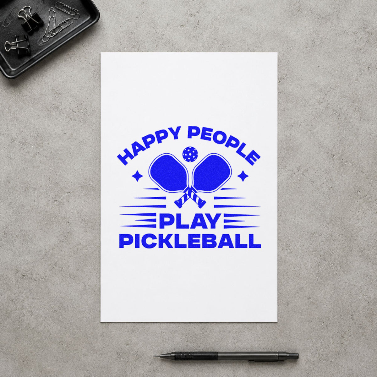 Happy People Play Pickleball craft stamp imprinted in blue ink on paper, a design suited to framed court shelter.