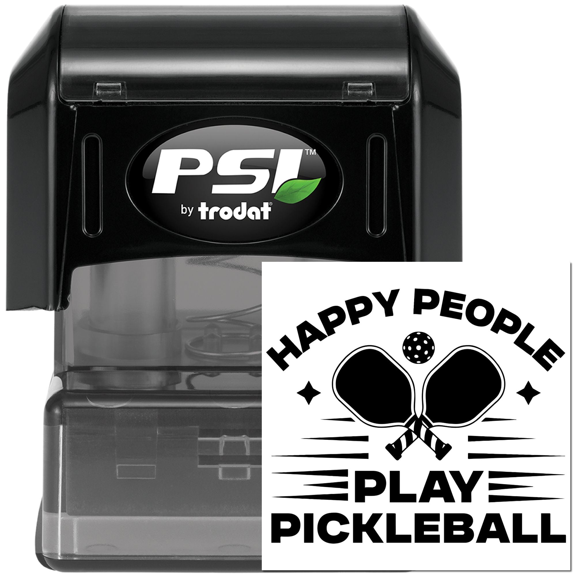 PSI by Trodat self-inking rubber stamp with Happy People Play Pickleball design for custom pickleball branding