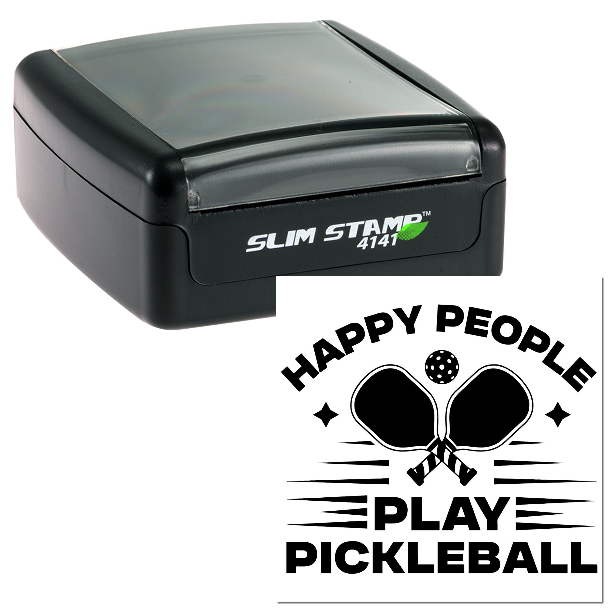 Slim self-inking rubber stamp with Happy People Play Pickleball design for pickleball clubs, gifts, or team branding.