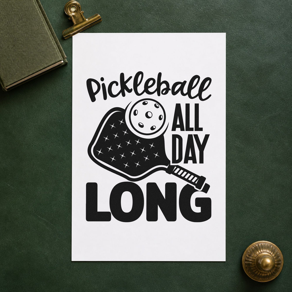 Pickleball All Day Long craft stamp imprint in black ink on a handmade project, one idea being snack station tags.