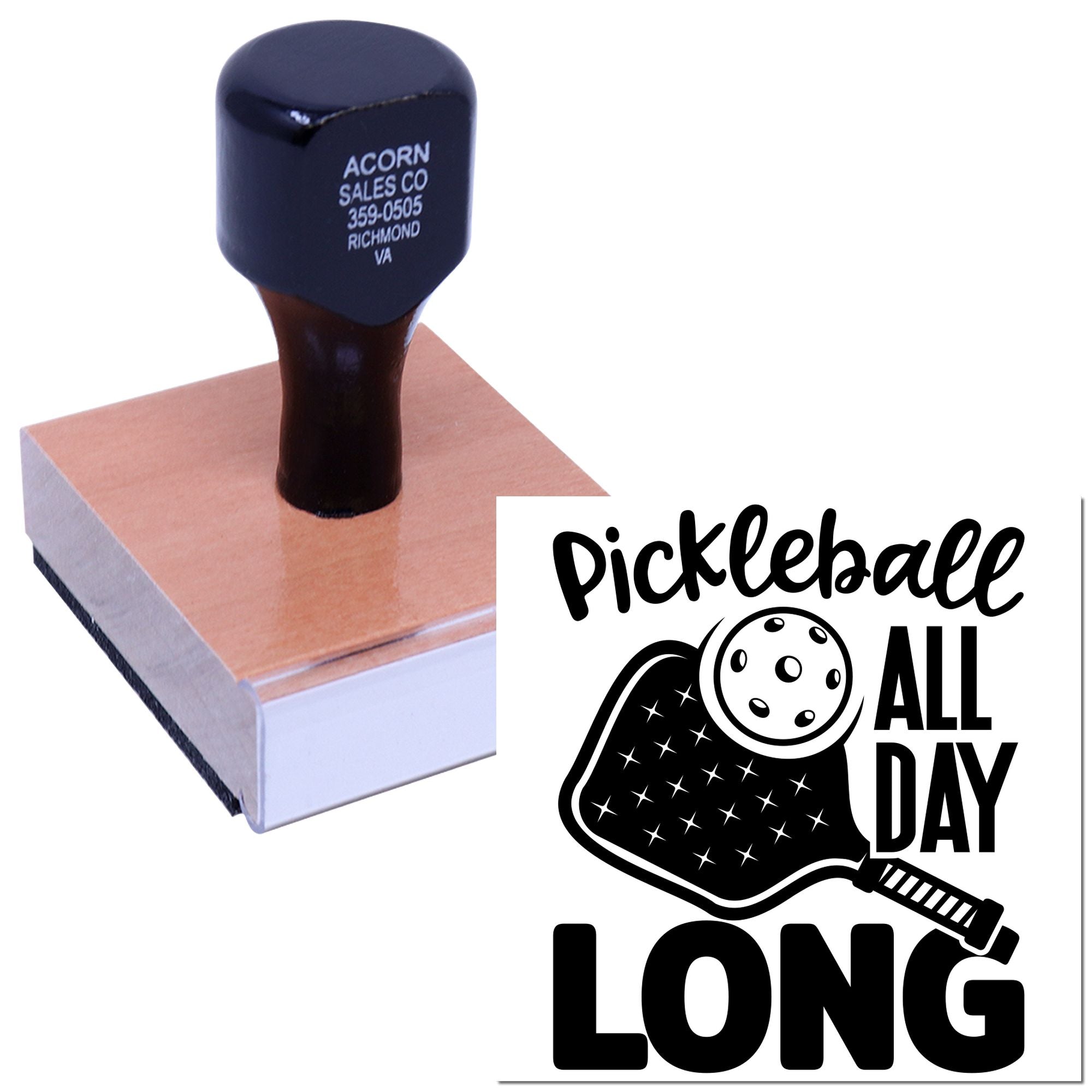 Custom pickleball rubber stamp featuring Pickleball All Day Long design for sports clubs, gifts, or branding.