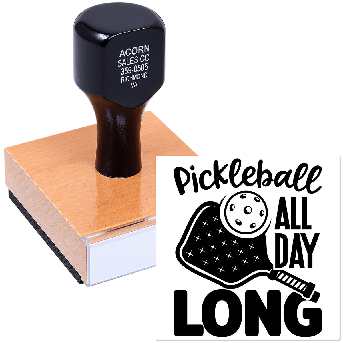 Custom pickleball rubber stamp featuring Pickleball All Day Long design for sports clubs, gifts, or branding.