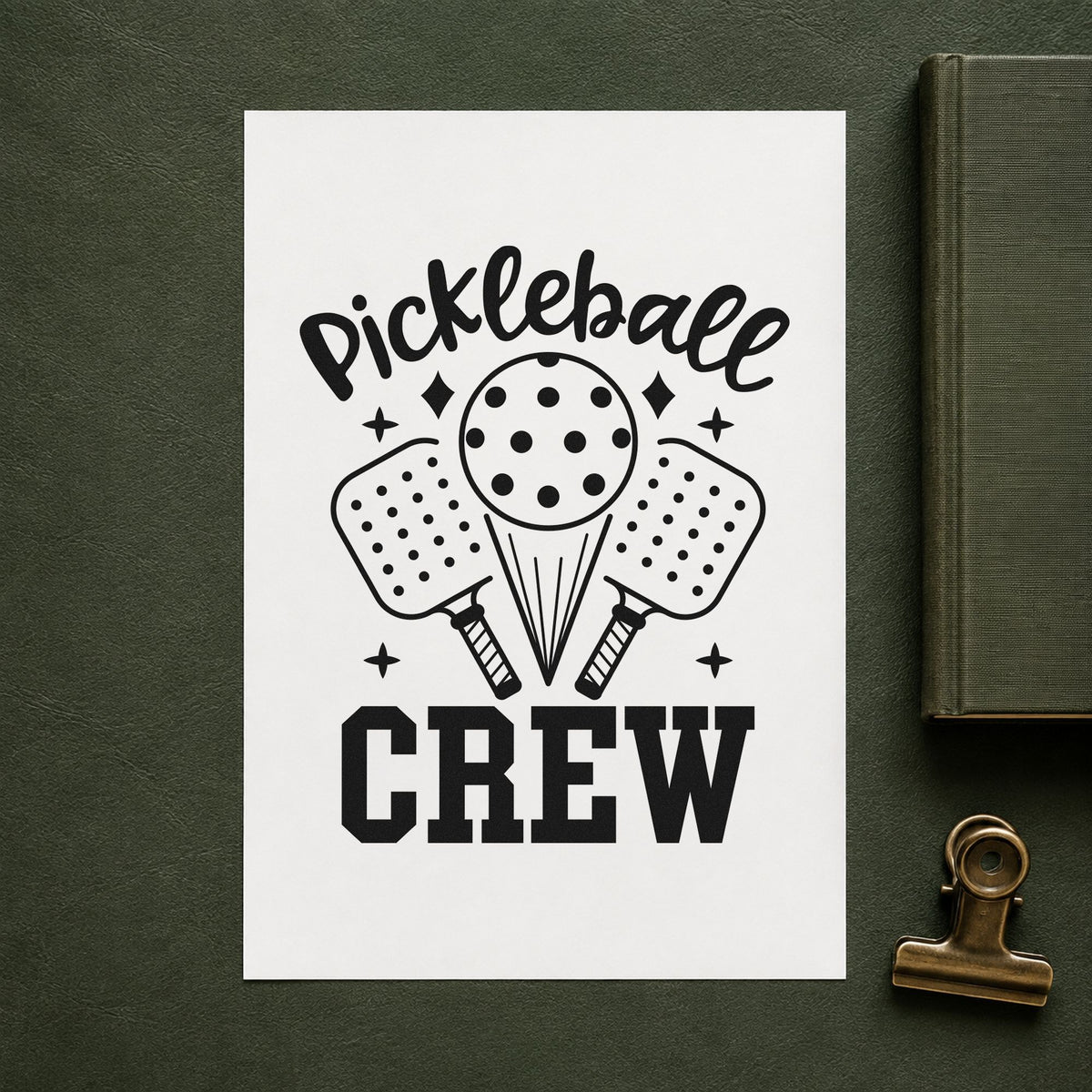 Pickleball Crew Paddles Ball craft stamp imprint in black ink on a handmade project, one idea being matching kit tags.