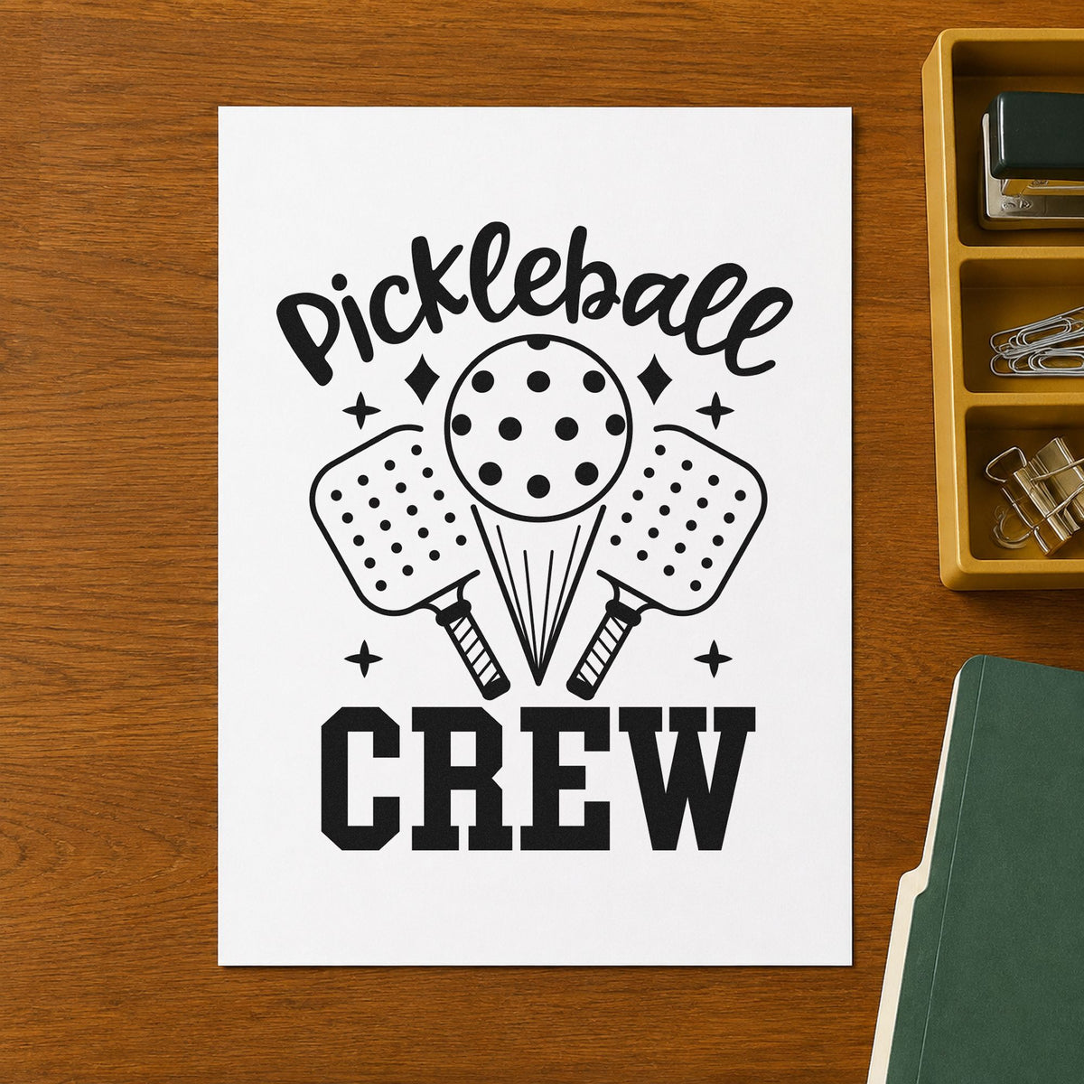 Pickleball Crew Paddles Ball rubber stamp printed in black ink, ready for sparkle paddle cards and similar paper crafts.