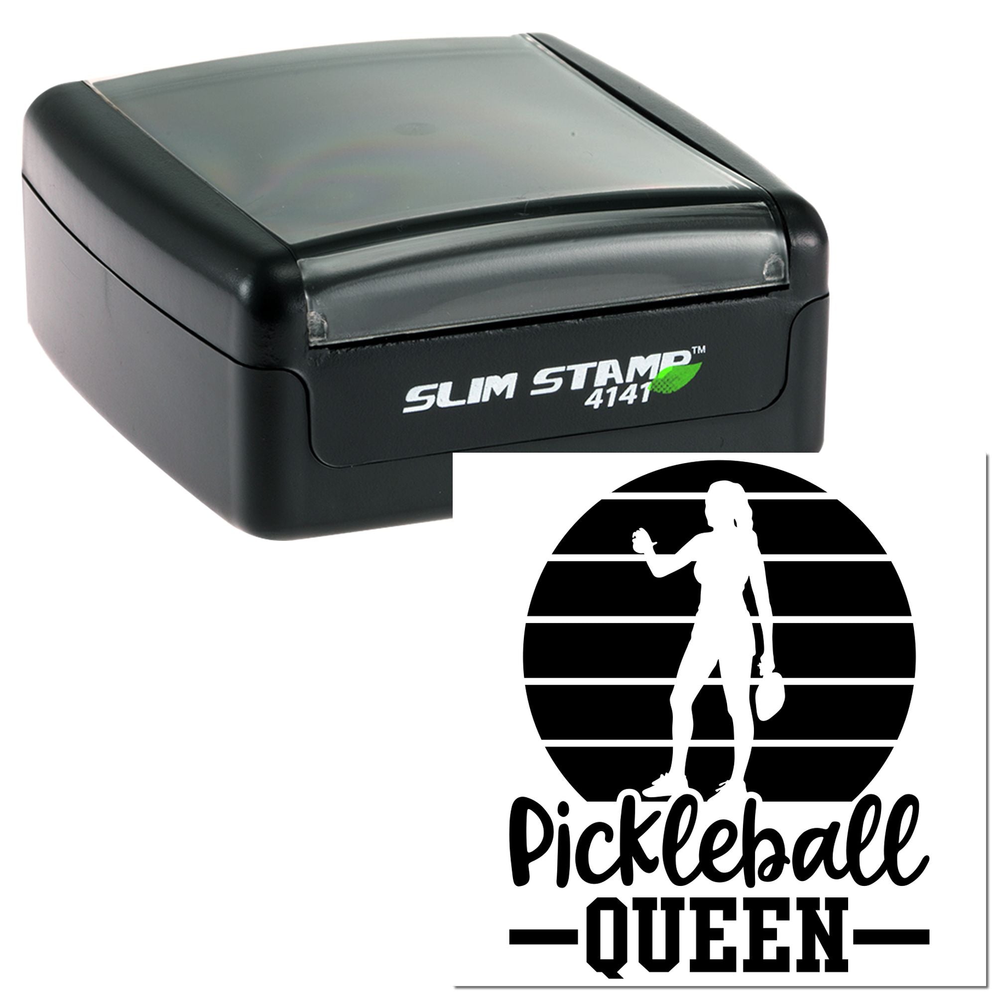 Pickleball Queen self-inking rubber stamp design with Slim Stamp 4141 case for custom sports stamping.