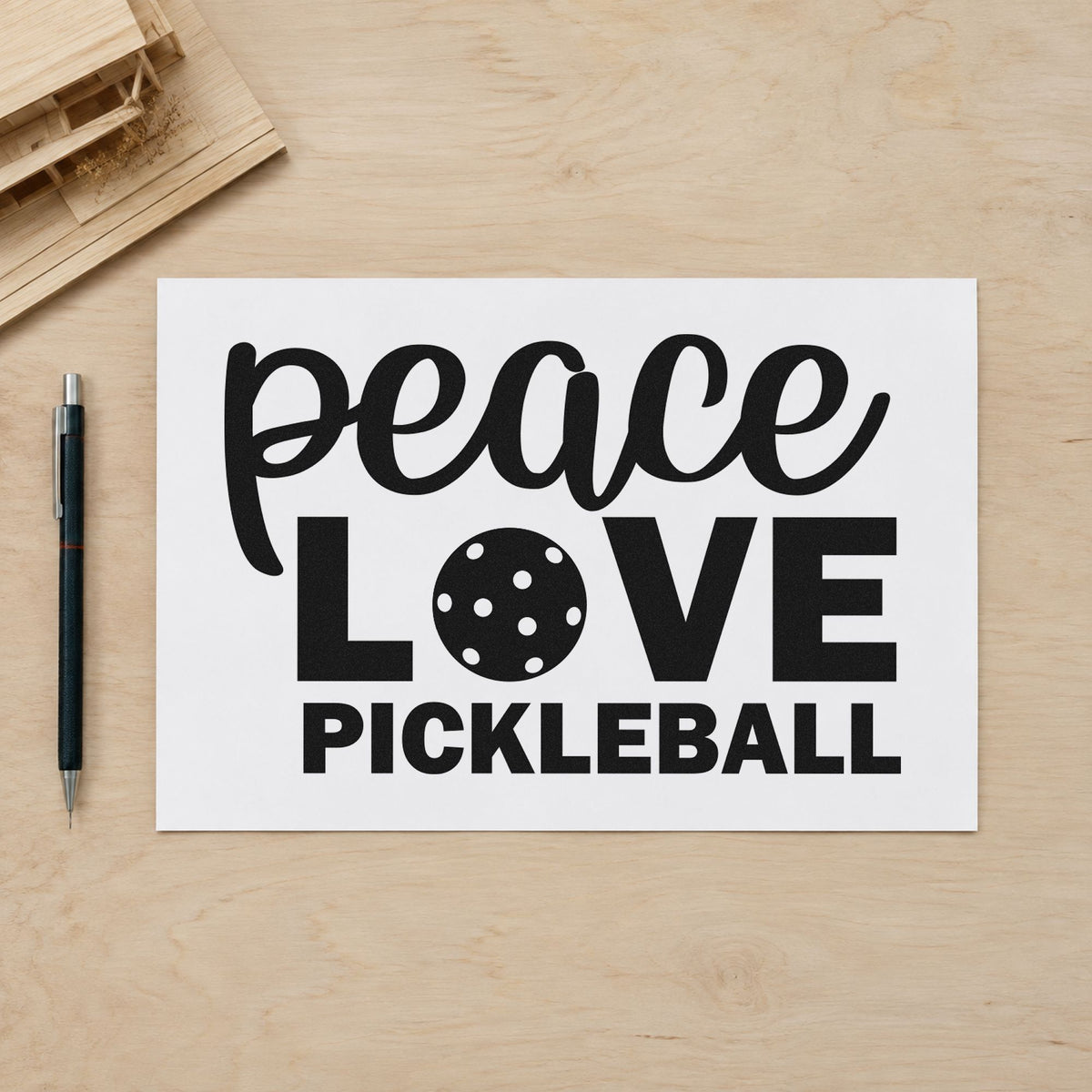 Peace Love Pickleball Lettering craft stamp in black ink on cardstock, an easy option for charity day album page.