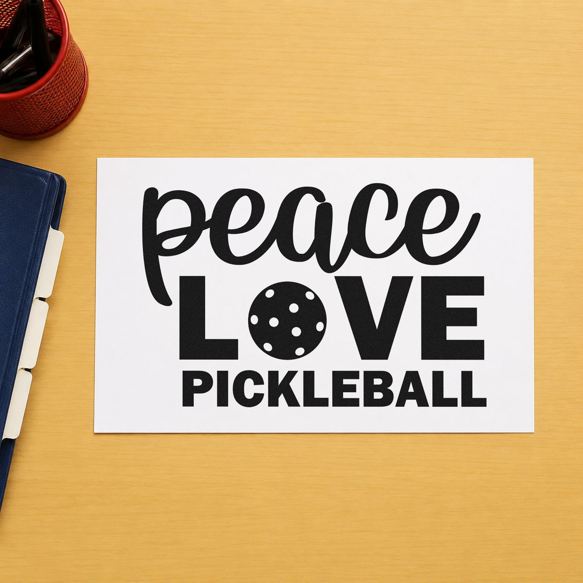 Peace Love Pickleball Lettering craft stamp imprint in black ink on a handmade project, one idea being raffle prize gift tags.