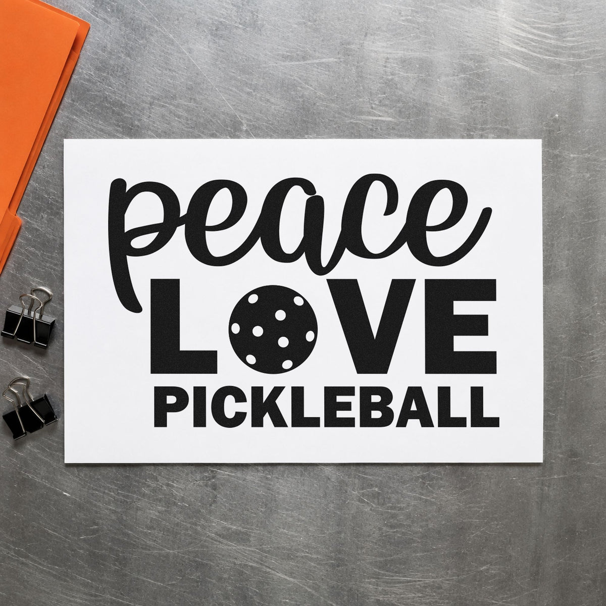 Peace Love Pickleball Lettering rubber stamp printed in black ink, ready for entry track sheet and similar paper crafts.
