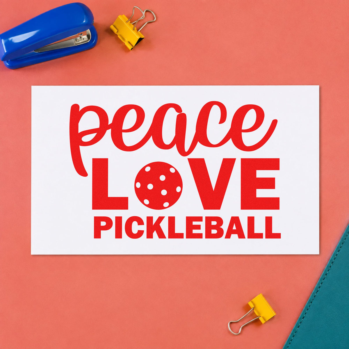 Peace Love Pickleball Lettering rubber stamp shown in red ink, stamped for projects such as bin prize labels.