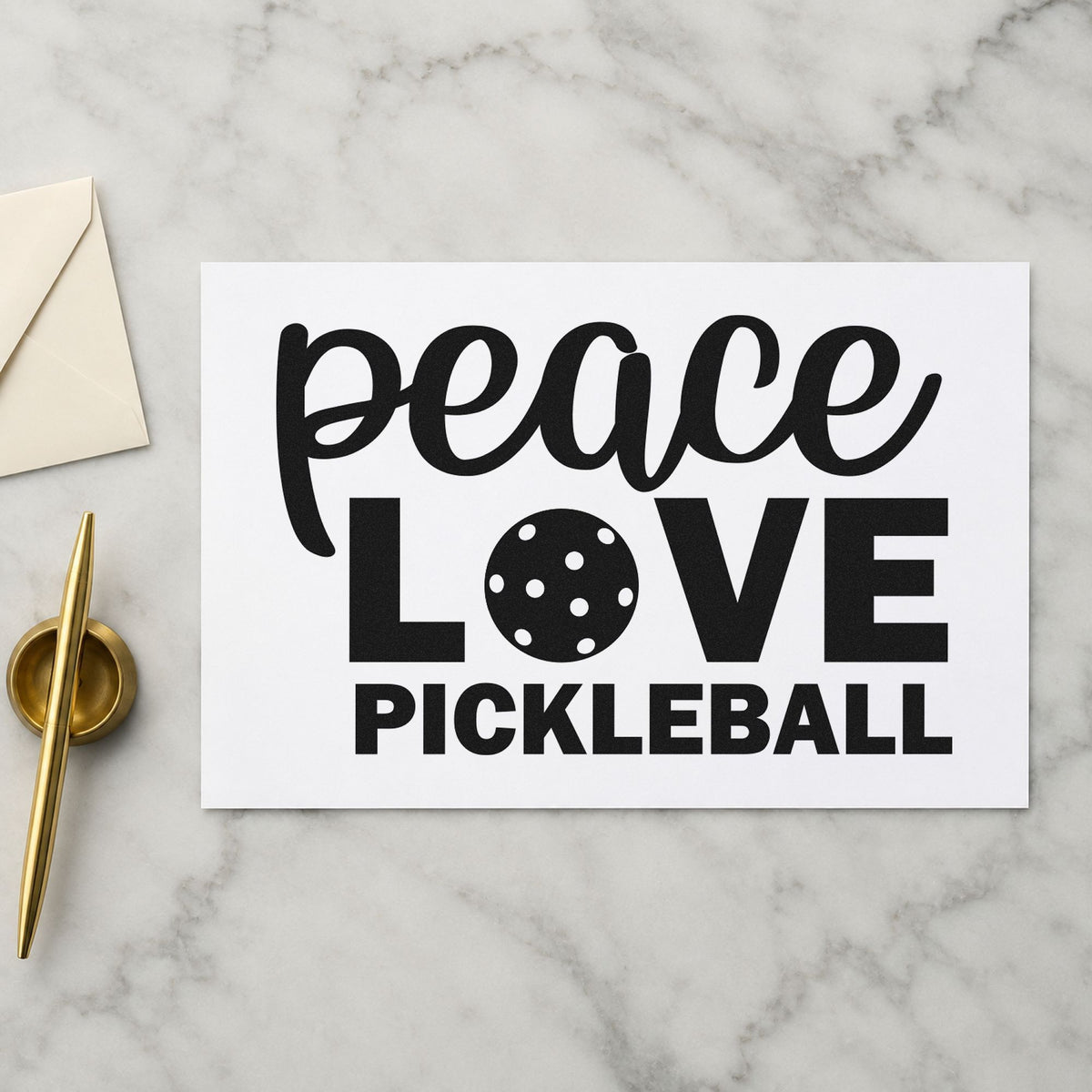 Peace Love Pickleball Lettering rubber stamp printed in black ink, ready for ball letter cards and similar paper crafts.