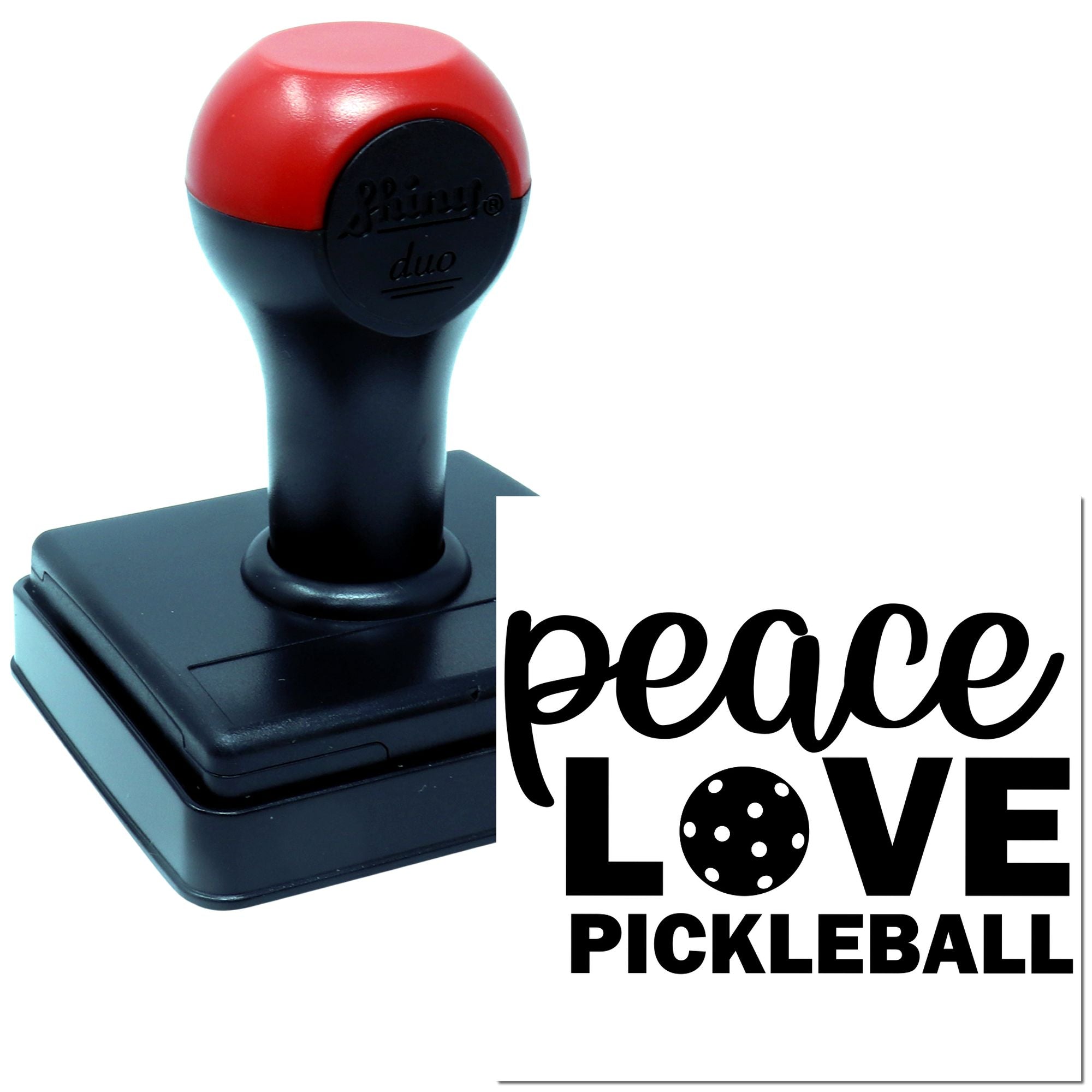Custom rubber stamp with Peace Love Pickleball design for crafting, branding, and pickleball-themed projects.