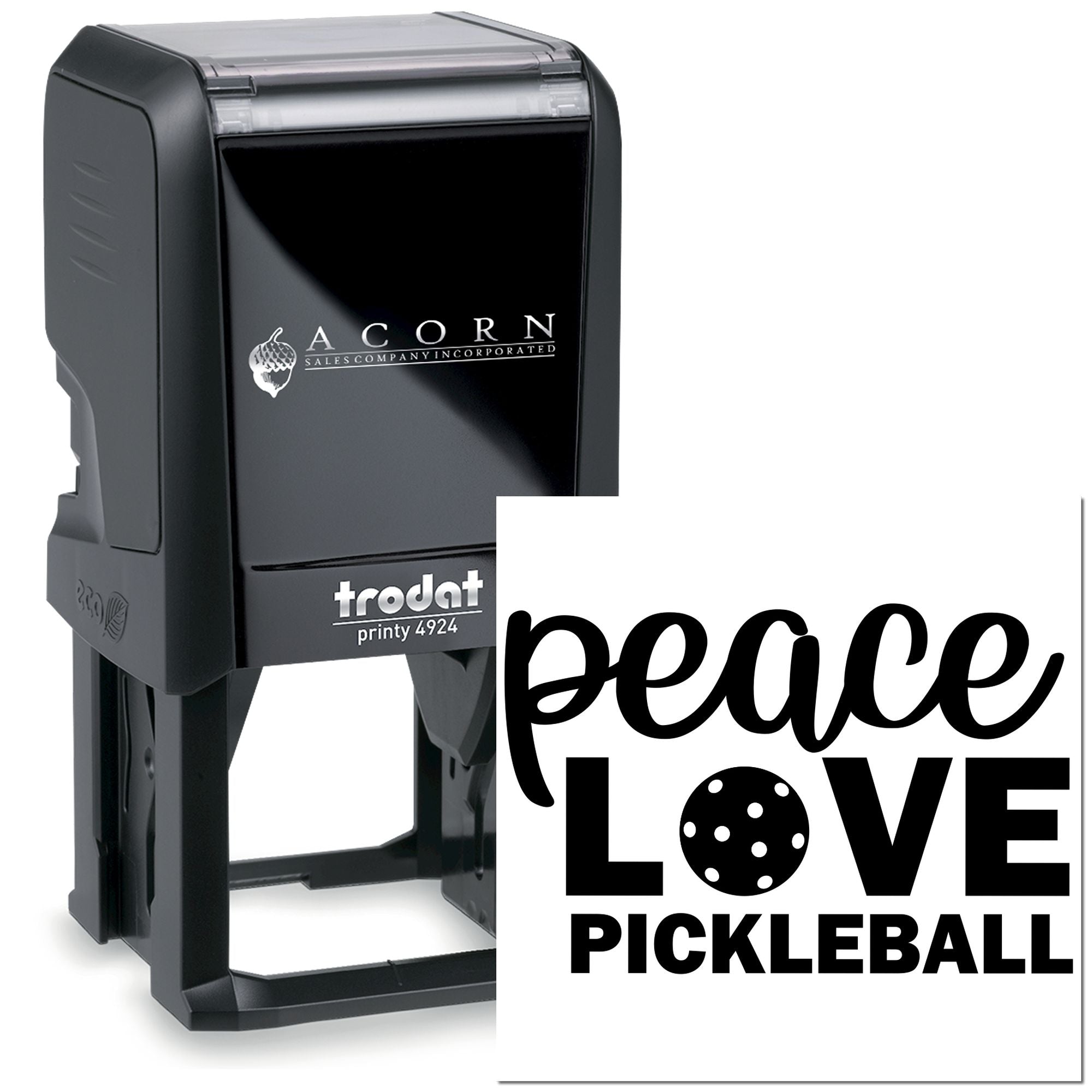 Trodat Printy 4924 self-inking rubber stamp with custom Peace Love Pickleball design for personalized stamping.