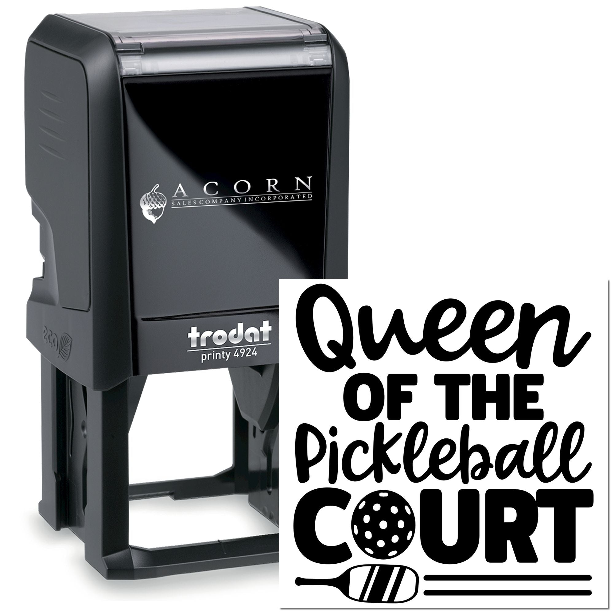 Custom Trodat self-inking rubber stamp with Queen of the Pickleball Court design for personalized pickleball gifts