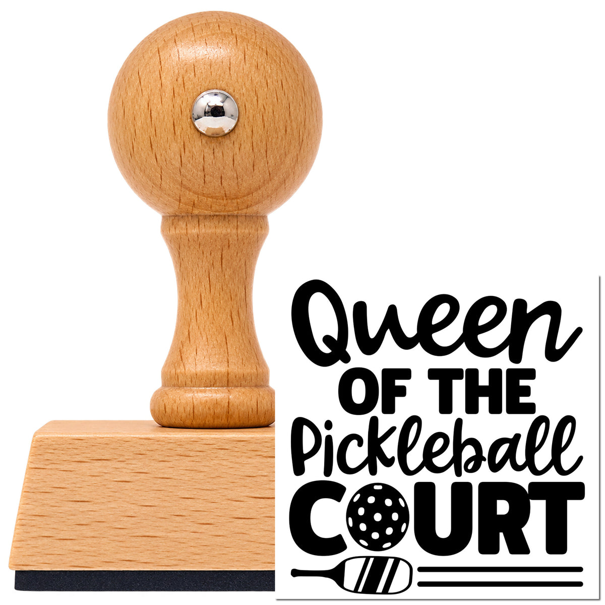 Queen Of The Pickleball Court Vintage Pro rubber stamp in European beech wood with a round knob handle, shown beside its black imprint.
