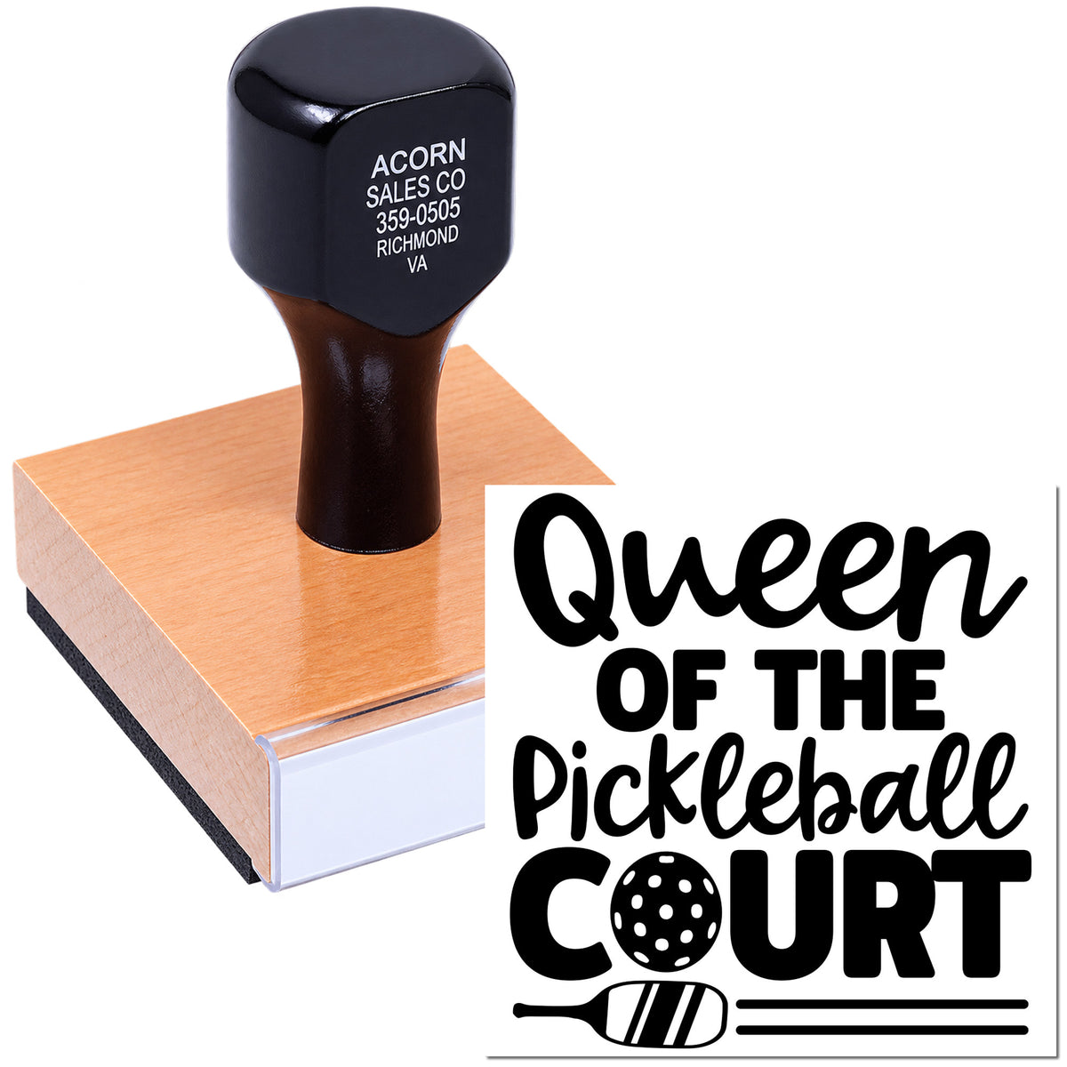Queen of the Pickleball Court rubber stamp with paddle and ball design for custom sports crafting and gifts