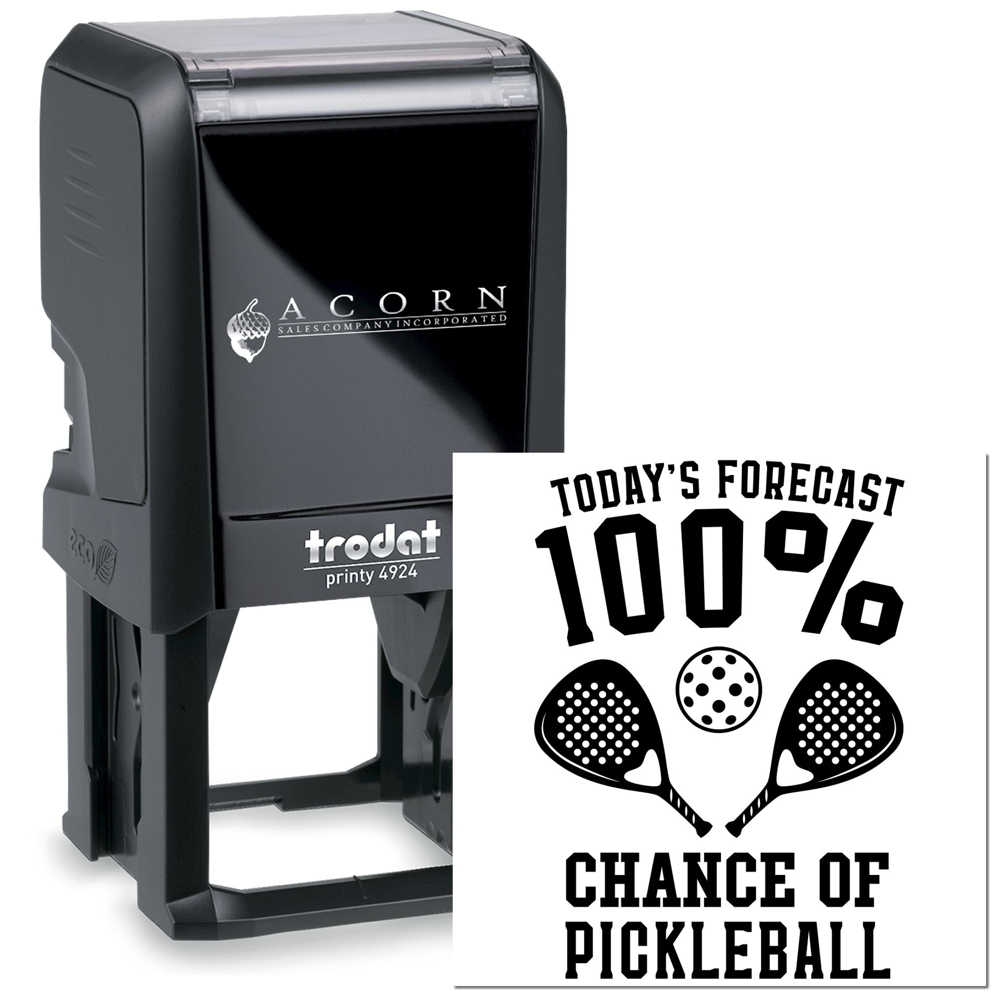 Custom self-inking rubber stamp with 100% Chance of Pickleball design for pickleball fans, clubs, and gifts.