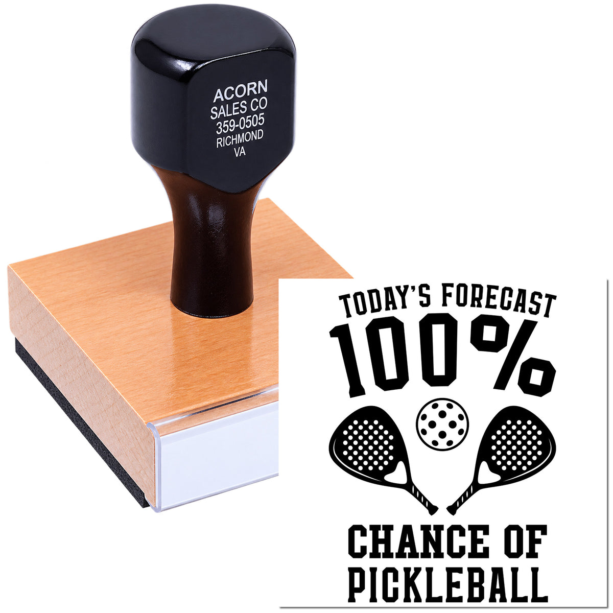 Custom pickleball rubber stamp with 100% chance of pickleball design for sports-themed impressions.