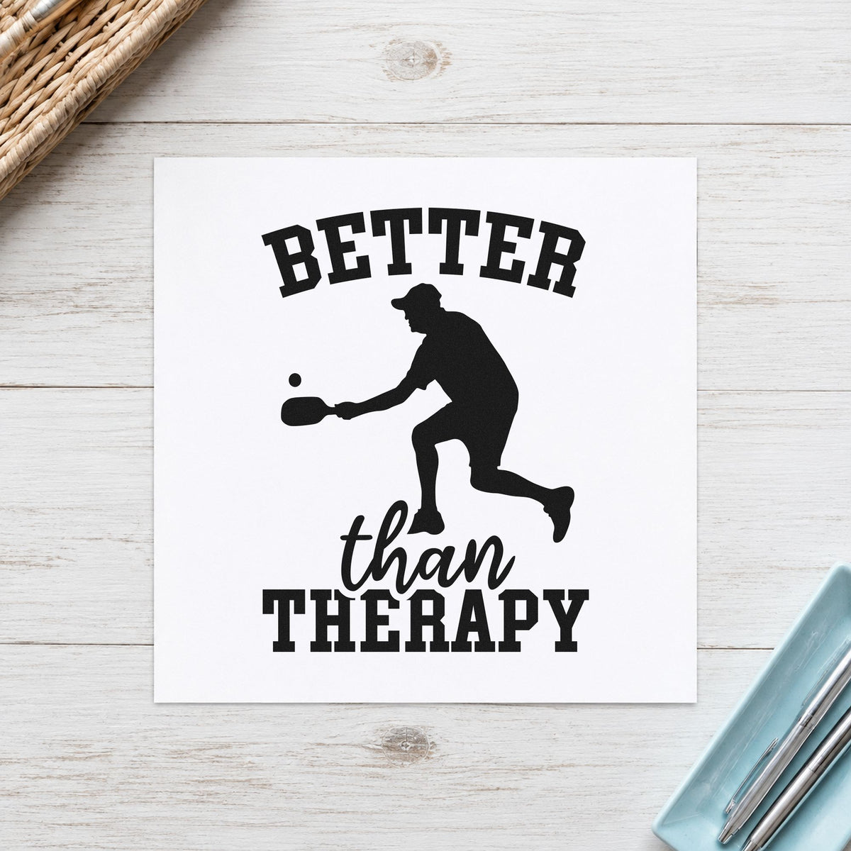 Better Than Therapy Pickleball craft stamp imprint in black ink on a handmade project, one idea being starter gift tags.
