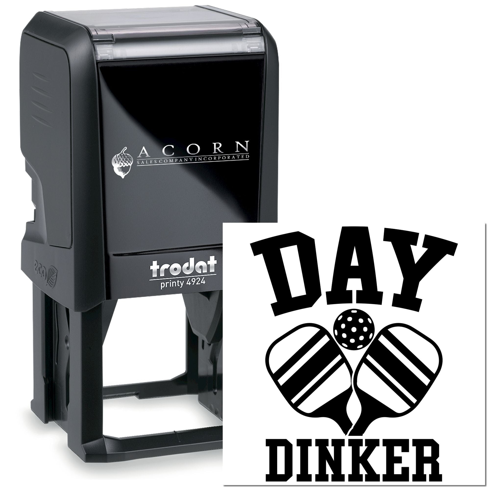 Custom self-inking rubber stamp with Day Dinker golf design for personalized golf gifts and club branding.