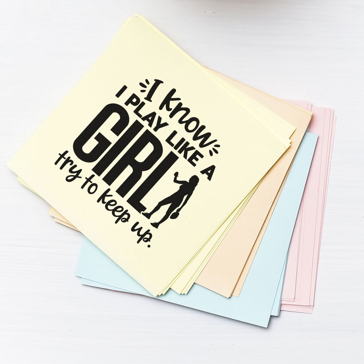 I Know I Play Like A Girl Try To Keep Up Stamp - Premium Vintage Pro Wooden imprint stamped in black ink. I know I PLAY LIKE A GIRL try to keep up appears beside a female player silhouette.