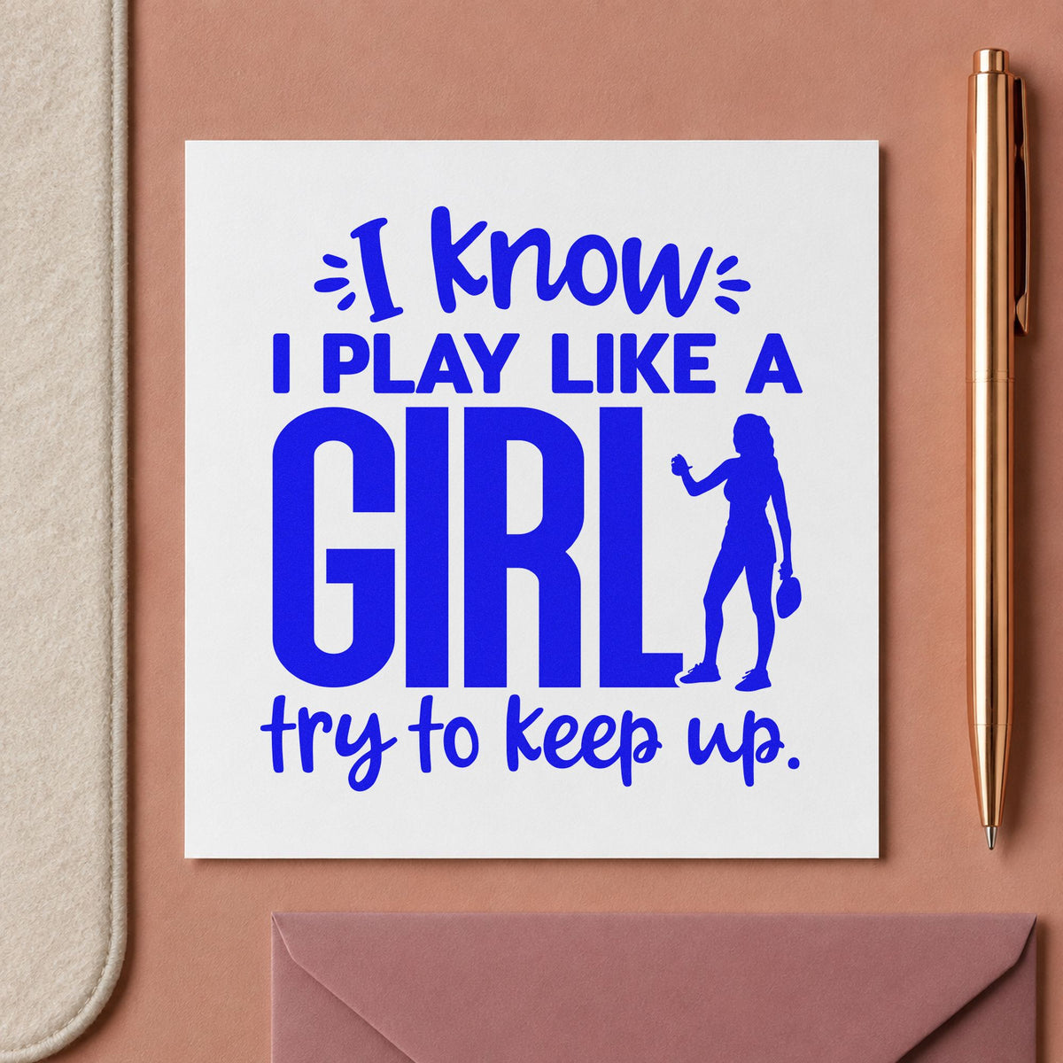 Play Like A Girl craft stamp imprinted in blue ink on paper, a design suited to framed gym corridor.
