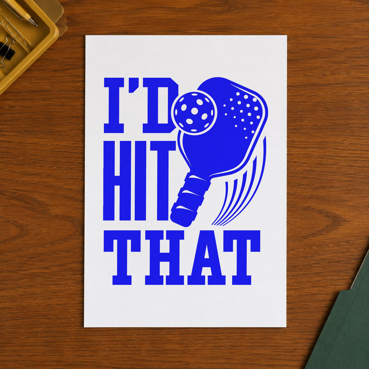 I Would Hit That craft stamp in blue ink on cardstock, an easy option for gift sack printing.