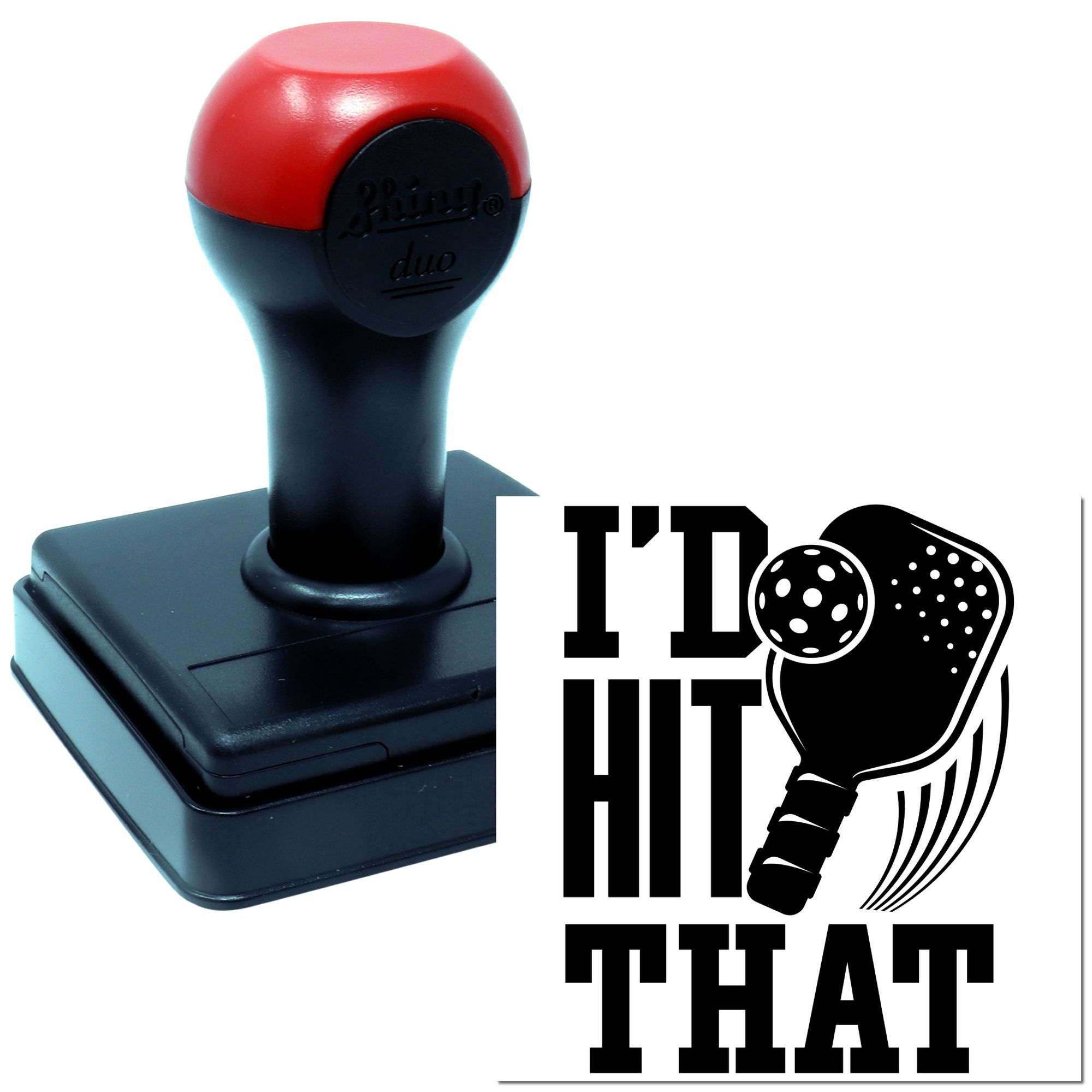 Custom Id Hit That rubber stamp with red-and-black self-inking handle, shown with the bold sports-themed imprint design.