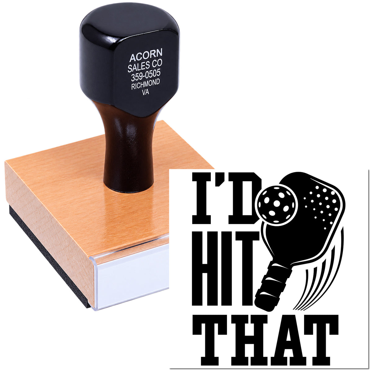 Custom rubber stamp with Id Hit That pickleball paddle graphic for sports-themed crafts and personalized stamping.