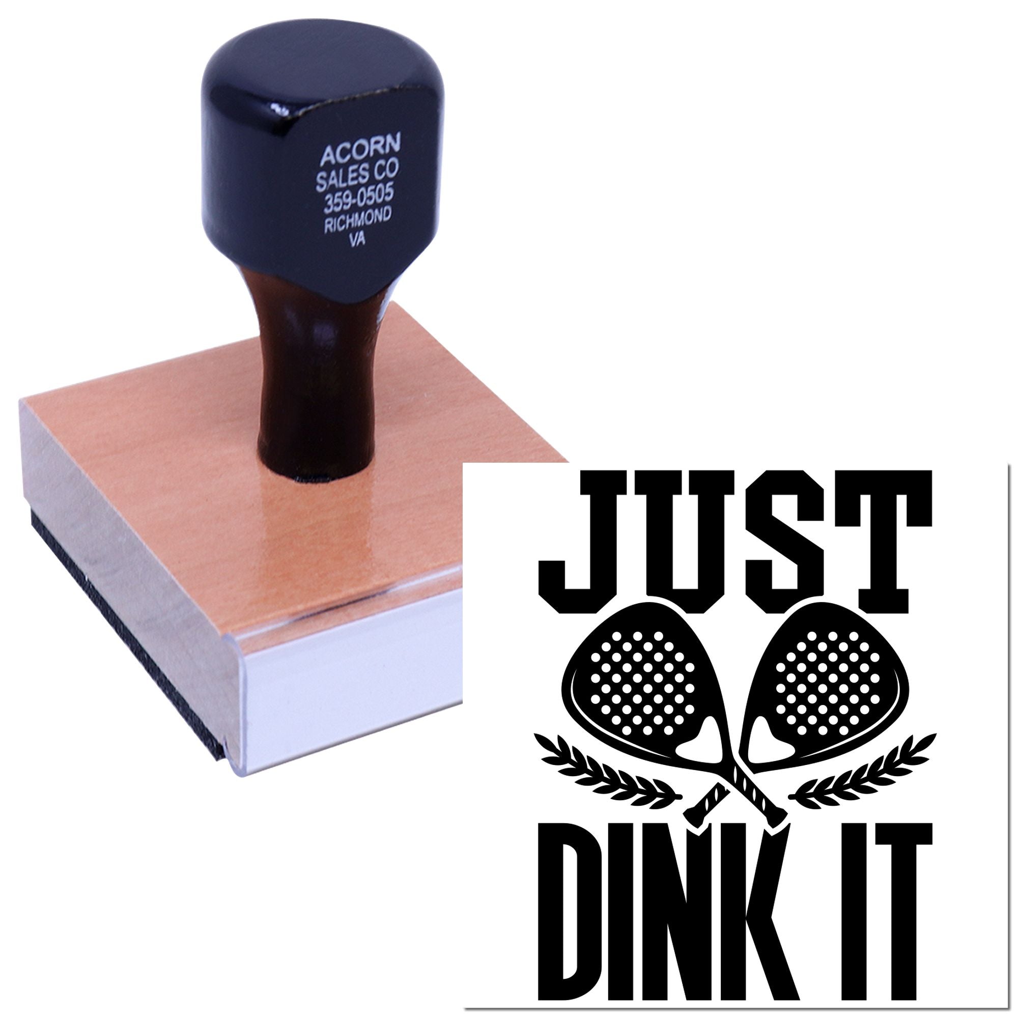 Custom pickleball rubber stamp with Just Dink It paddle logo for sports branding and event materials.